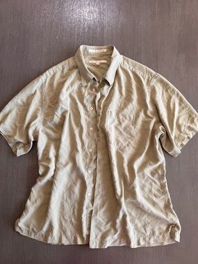 100% Silk Perry Ellis Light Olive Green Button Down Shirt XL